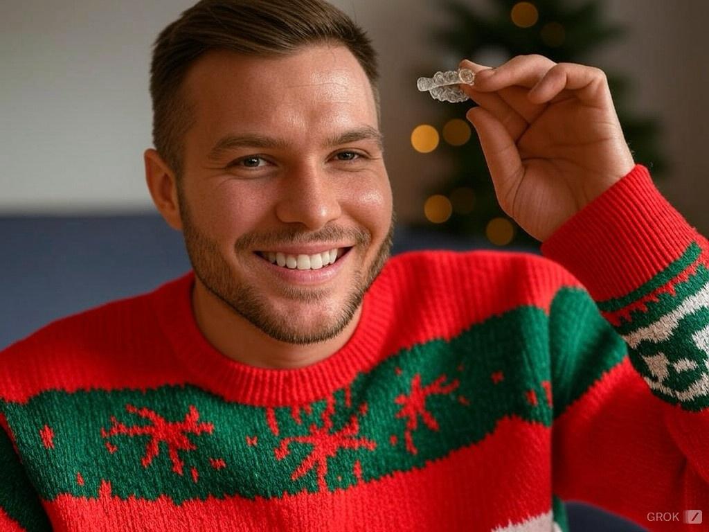 Homme souriant en pull de Noel, periode des fetes de fin d annee